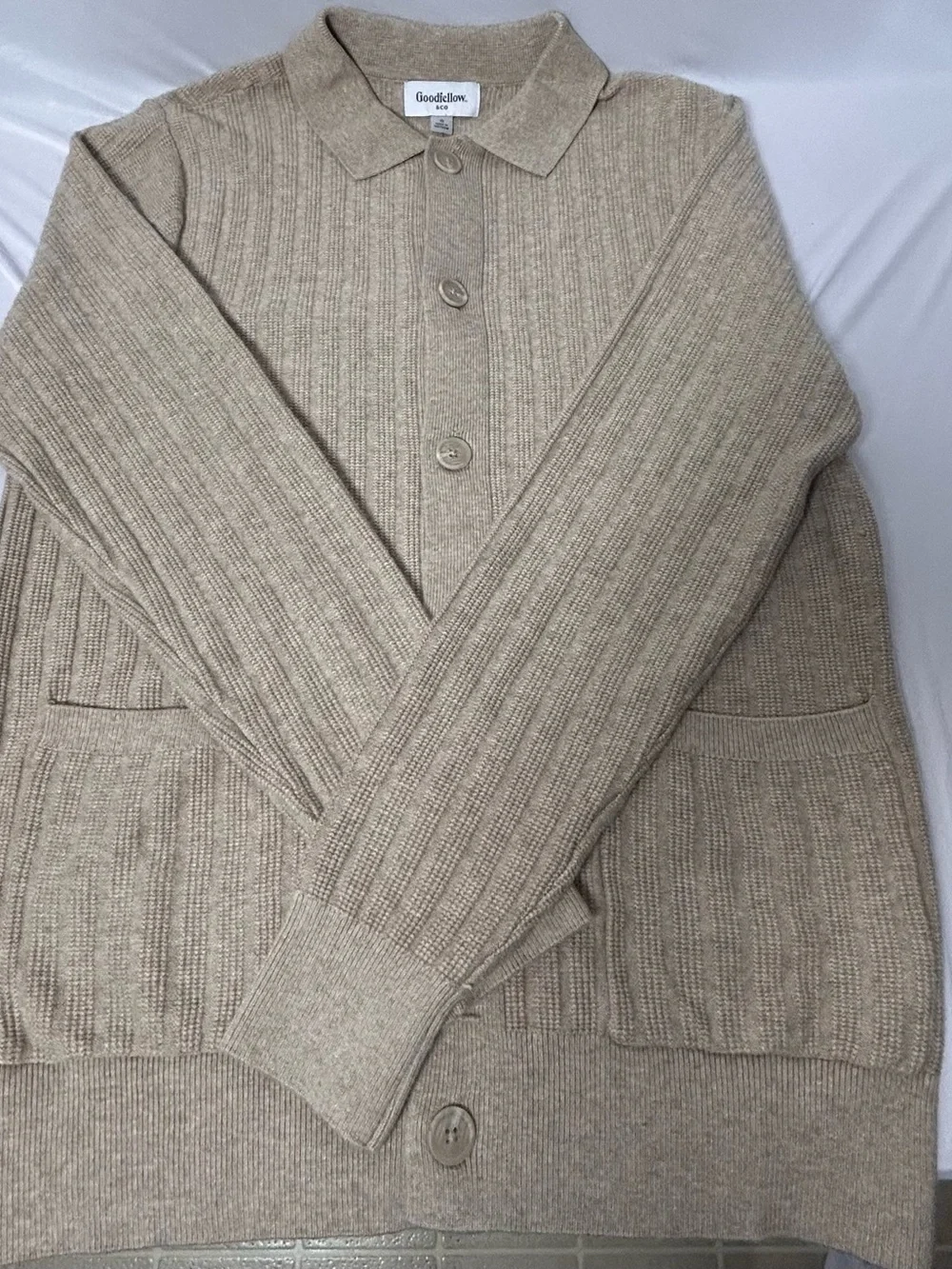 Men's Ribbed Button-Front Cardigan in Light Beige